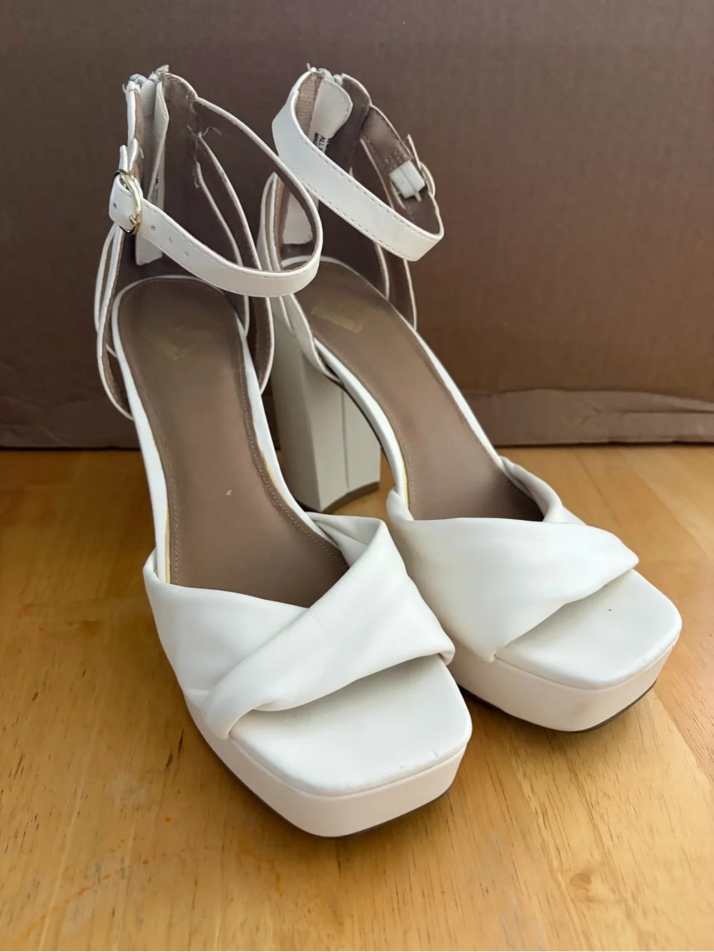 Report White Twisted Front Platform Ankle-Strap Block Heels